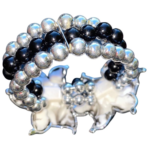 Vintage Black & White Zebra Print Multi Strand Silver Flower Stretch Bracelet 6” - Picture 4 of 12